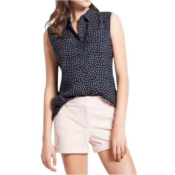 Ann Taylor Preppy Old Money Popover Blouse Sleeveless Collared Anchor Print Sz S - Picture 1 of 11